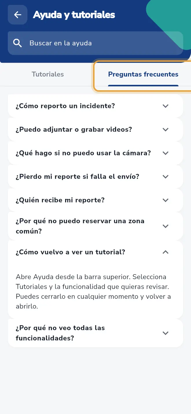 Pantalla Ayuda y tutoriales: la pestaña Preguntas frecuentes está señalada con una pregunta abierta