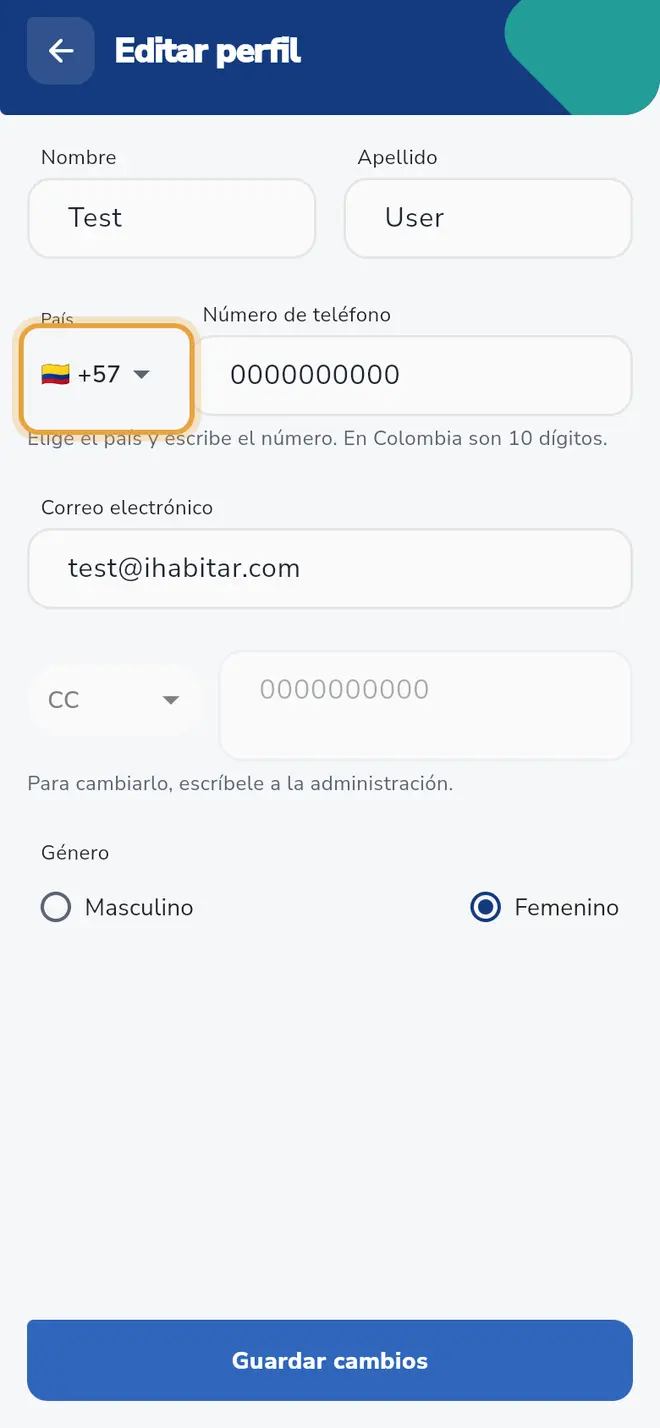Pantalla Editar perfil: el selector de país junto al campo Número de teléfono está señalado
