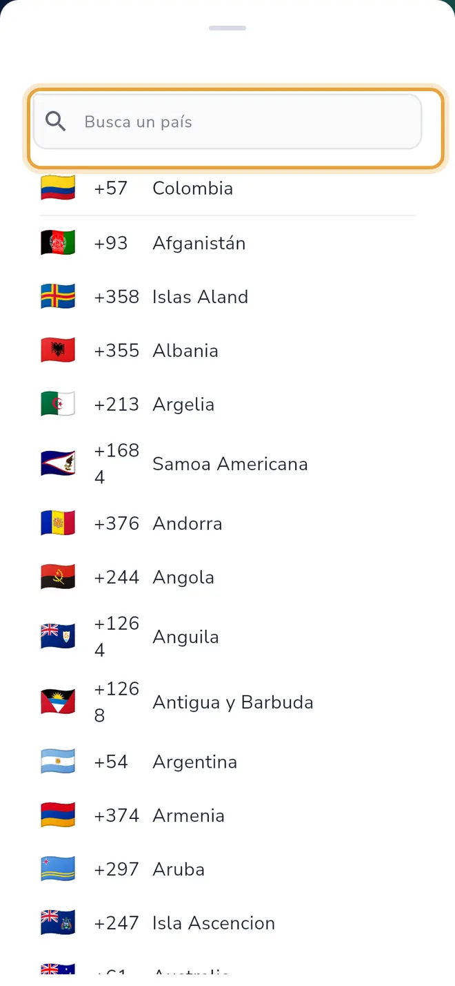 Lista de países: el buscador Busca un país está señalado