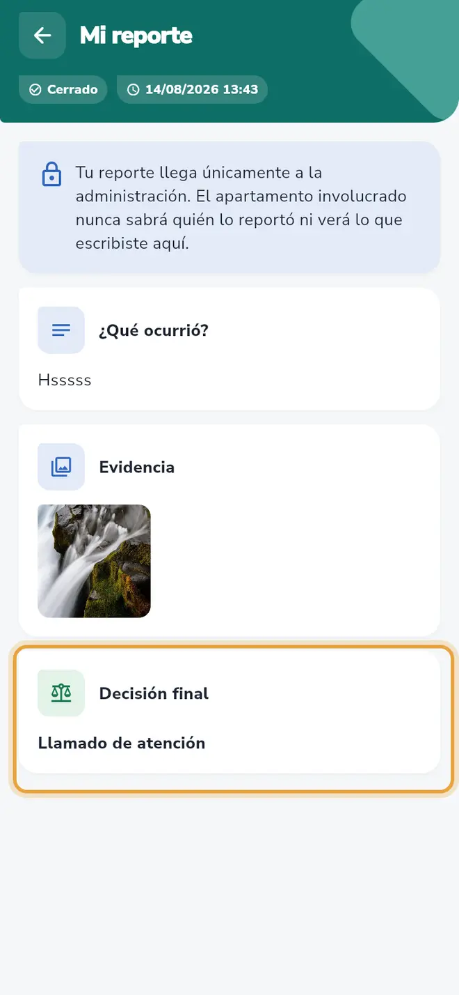 Pantalla Mi reporte cerrado: la tarjeta Decisión final con Llamado de atención está señalada