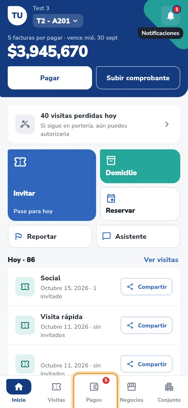 Barra inferior: la pestaña Pagos con el número de facturas por pagar está señalada