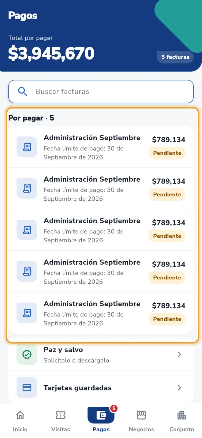 Pestaña Pagos: la sección Por pagar está señalada