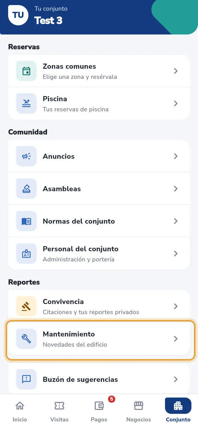 Pestaña Conjunto: la fila Mantenimiento está señalada