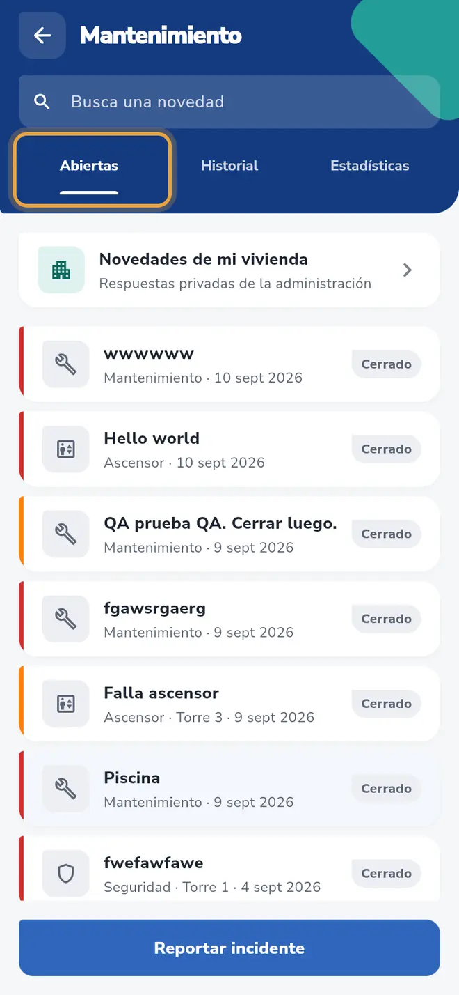 Pantalla Mantenimiento: la pestaña Abiertas está señalada y debajo se ve la lista de incidentes