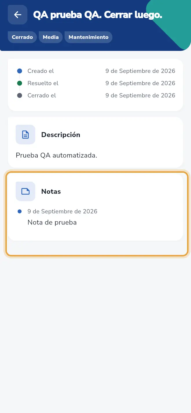 Pantalla de un incidente: la tarjeta Notas está señalada