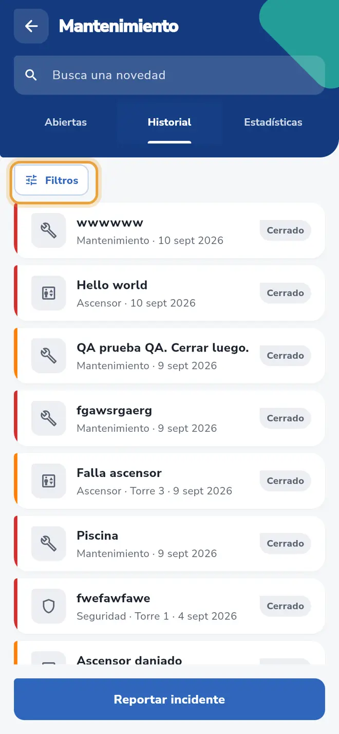 Pantalla Mantenimiento, pestaña Historial: el botón Filtros está señalado
