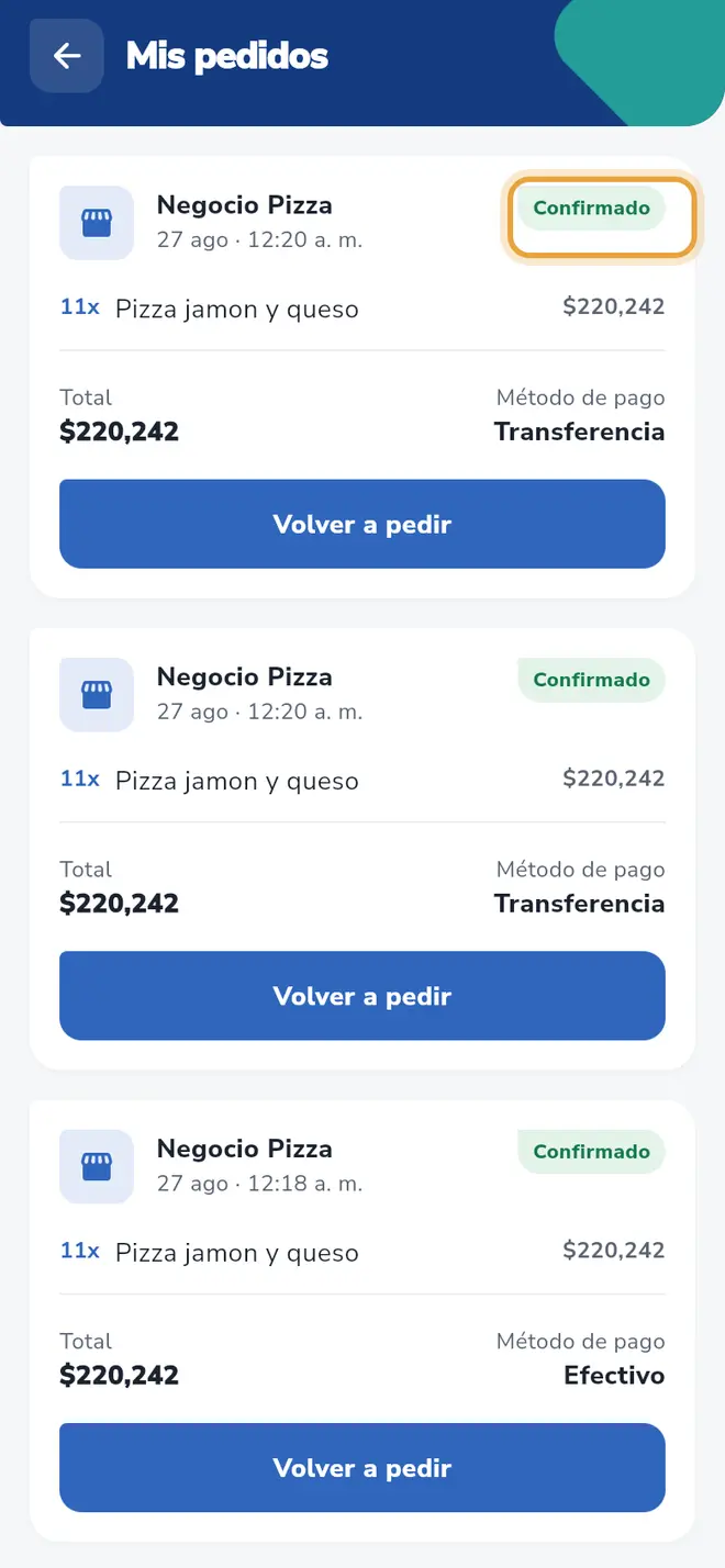 Pantalla Mis pedidos: la etiqueta de estado del primer pedido está señalada
