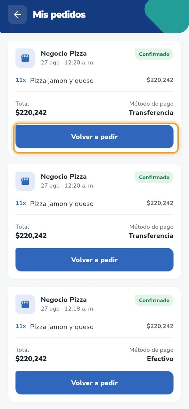 Pantalla Mis pedidos: el botón Volver a pedir del primer pedido está señalado