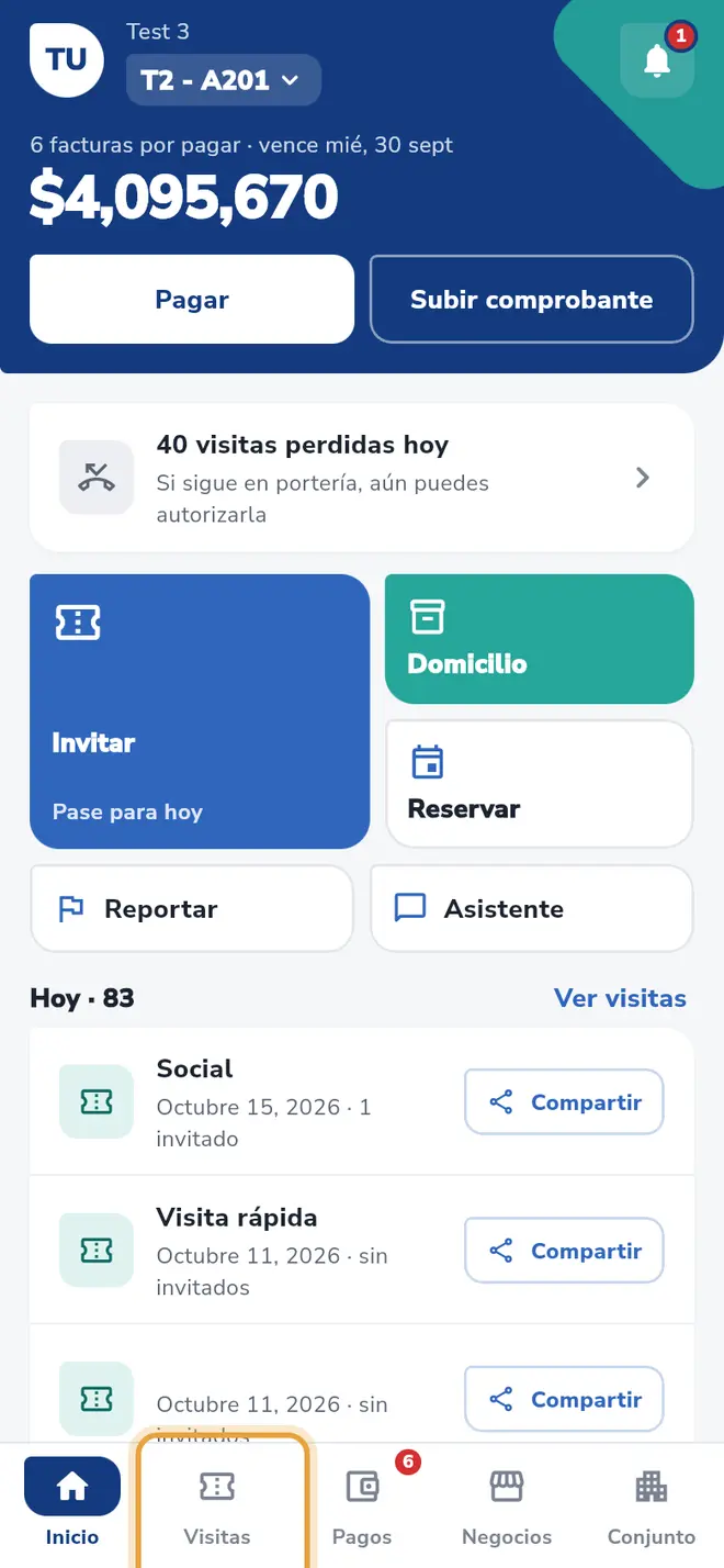 Barra inferior: la pestaña Visitas está señalada