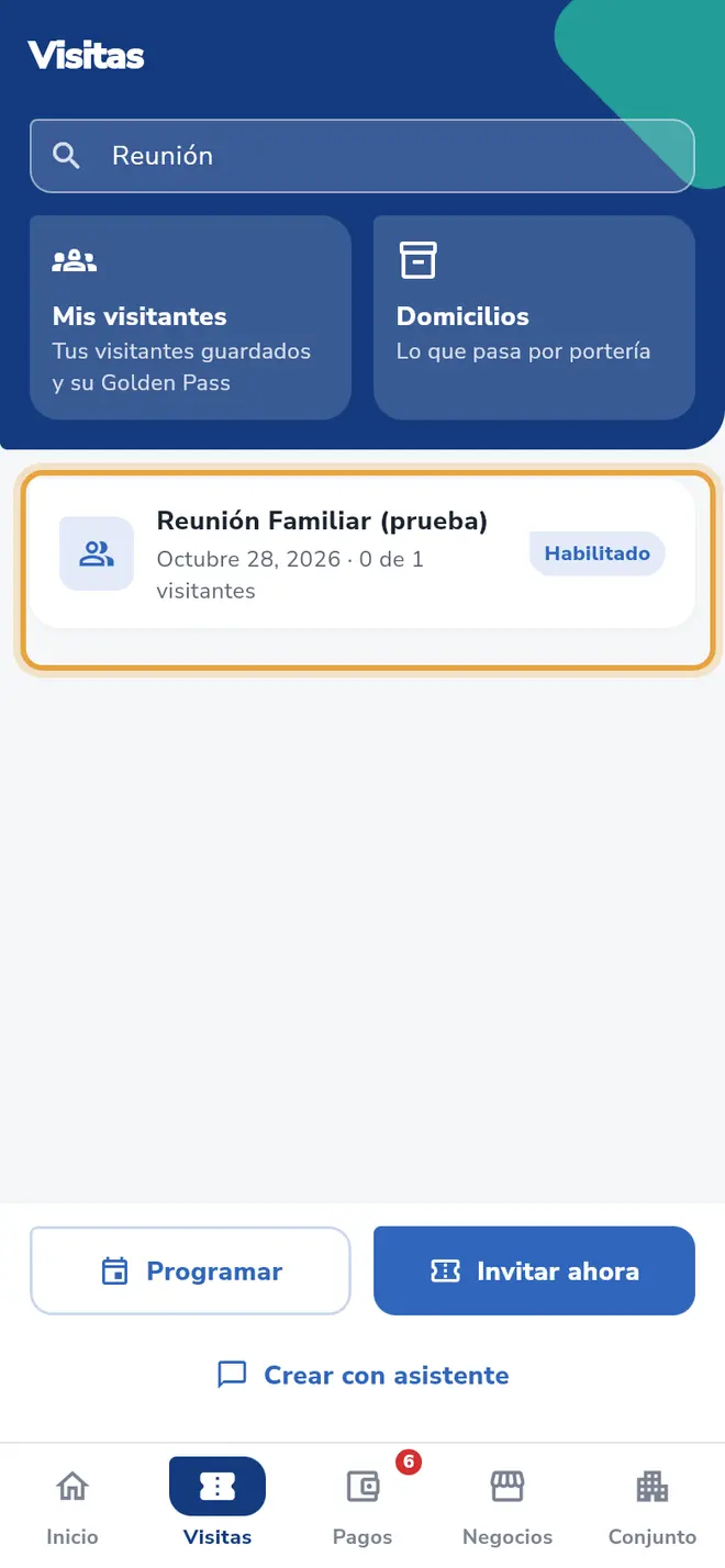 Pestaña Visitas: la tarjeta de la reserva está señalada