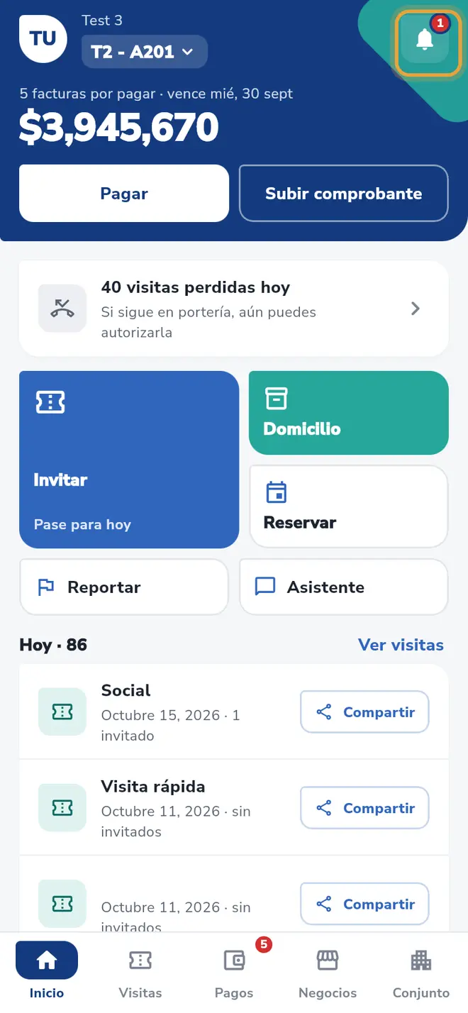 Pantalla Inicio: la campana de notificaciones con el aviso de pendientes está señalada