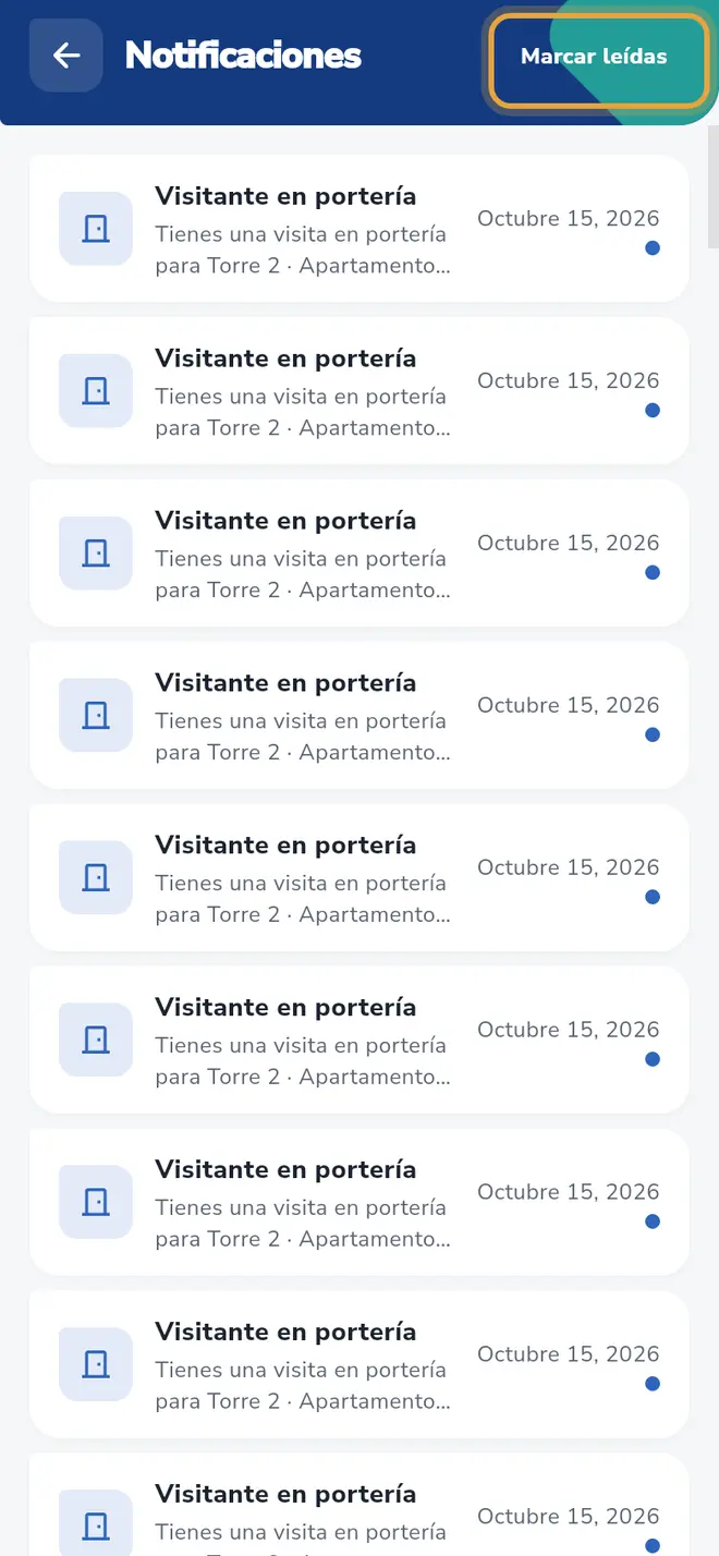 Pantalla Notificaciones: el botón Marcar leídas está señalado