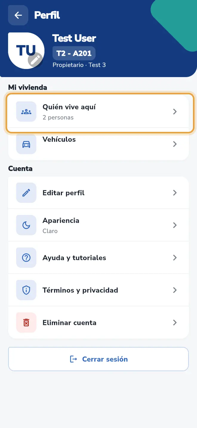Perfil: la fila Quién vive aquí está señalada