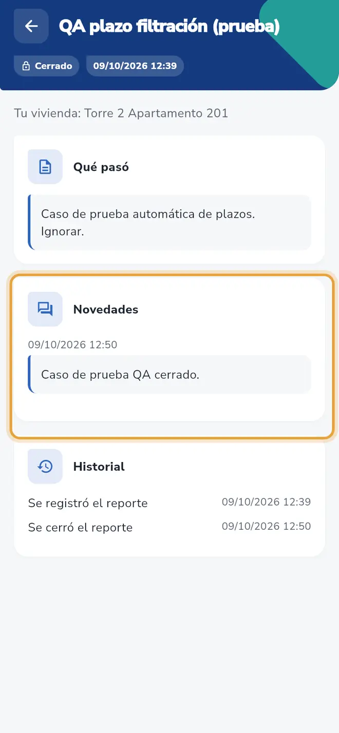 Pantalla de un reporte privado: la tarjeta Novedades está señalada