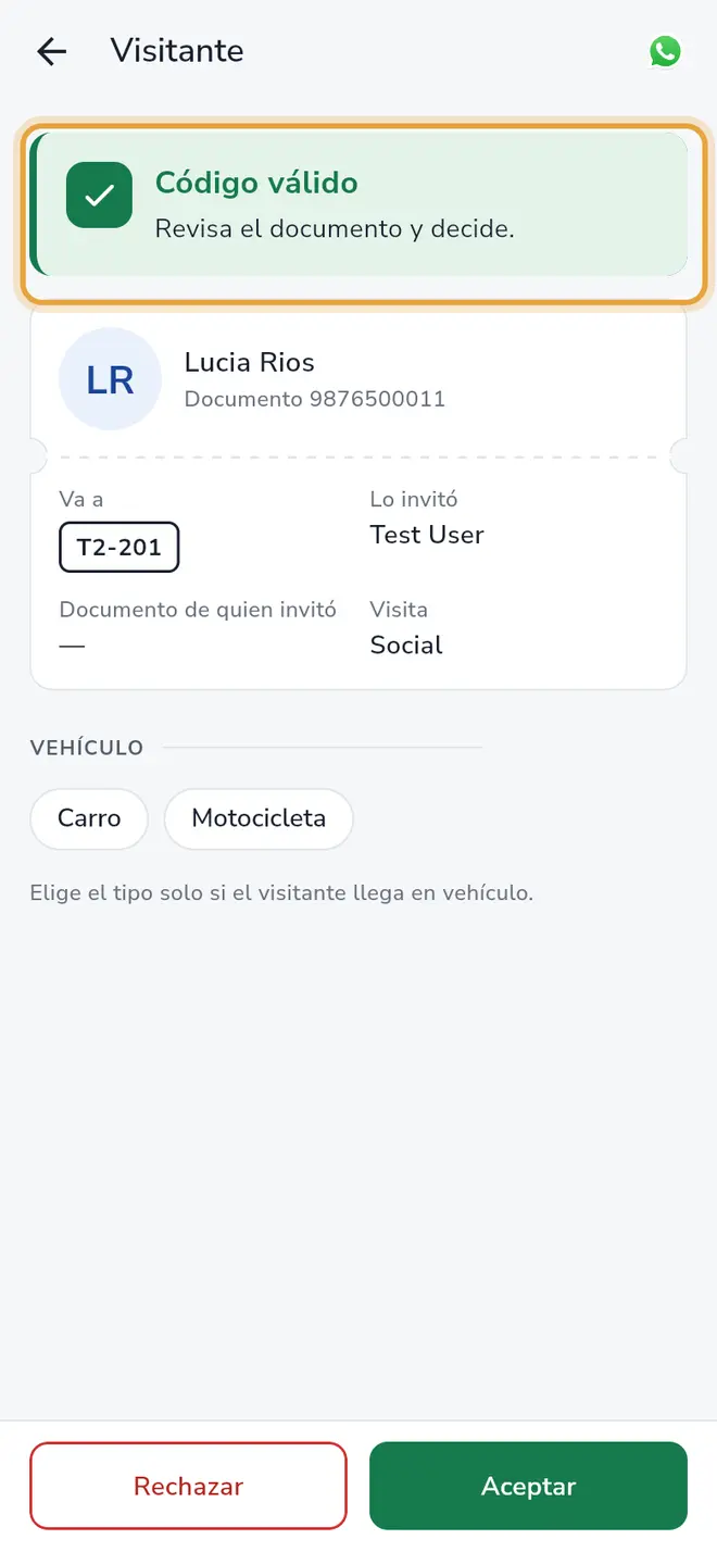Pantalla Visitante: el aviso Código válido está señalado