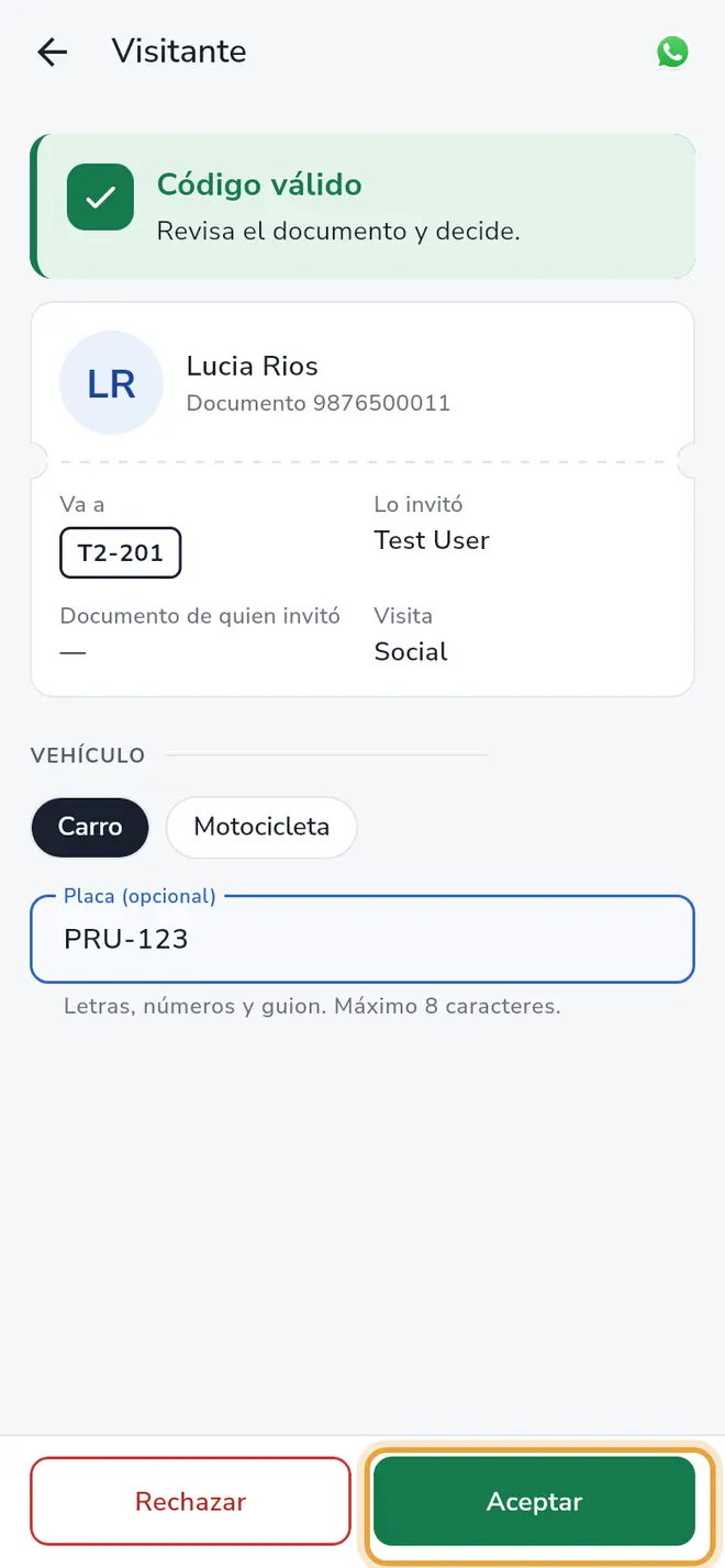 Pantalla Visitante: el botón Aceptar está señalado