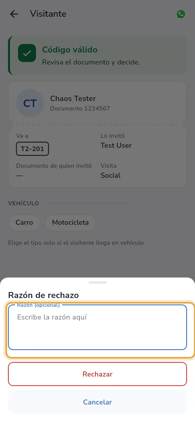 Hoja Razón de rechazo: el campo Razón (opcional) está señalado