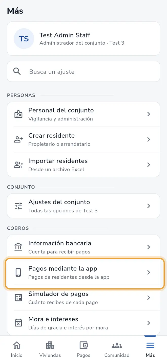 Pantalla Más: en el grupo Cobros, la fila Pagos mediante la app está señalada