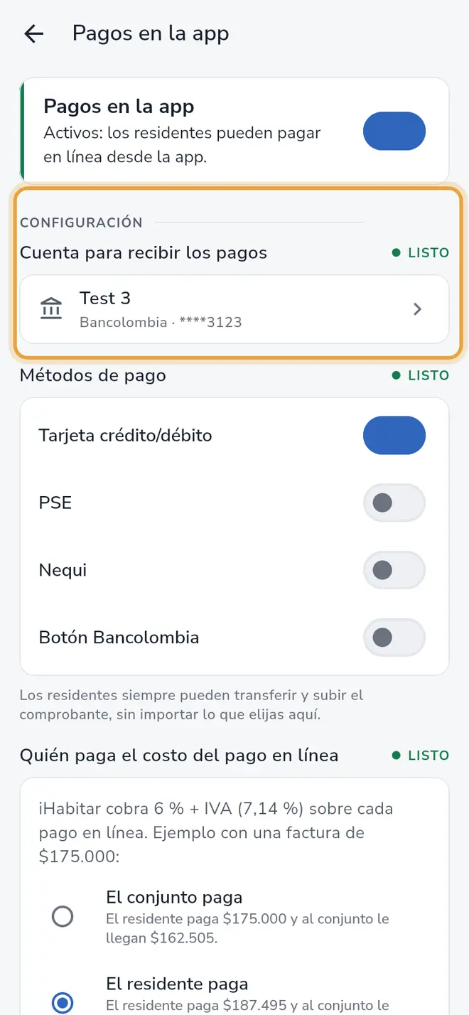 Pantalla Pagos en la app: la sección Configuración con sus pasos está señalada
