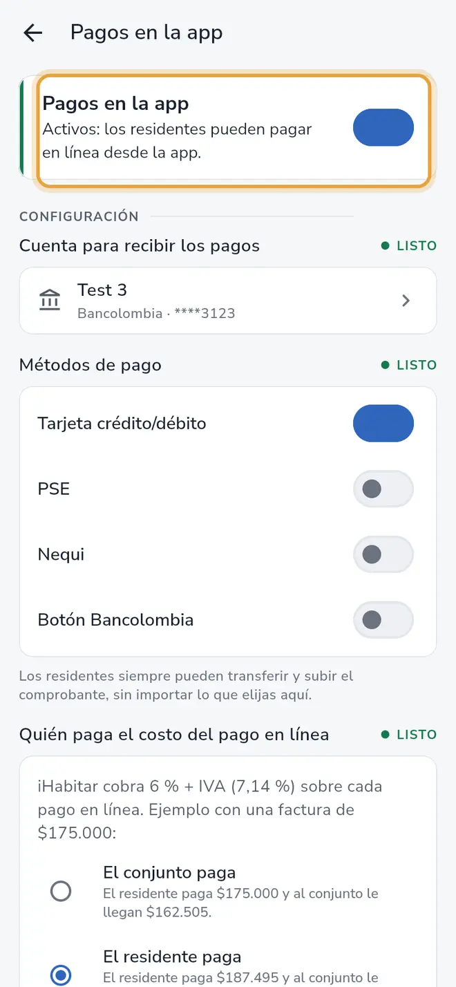 Pantalla Pagos en la app: la tarjeta con el interruptor Pagos en la app está señalada