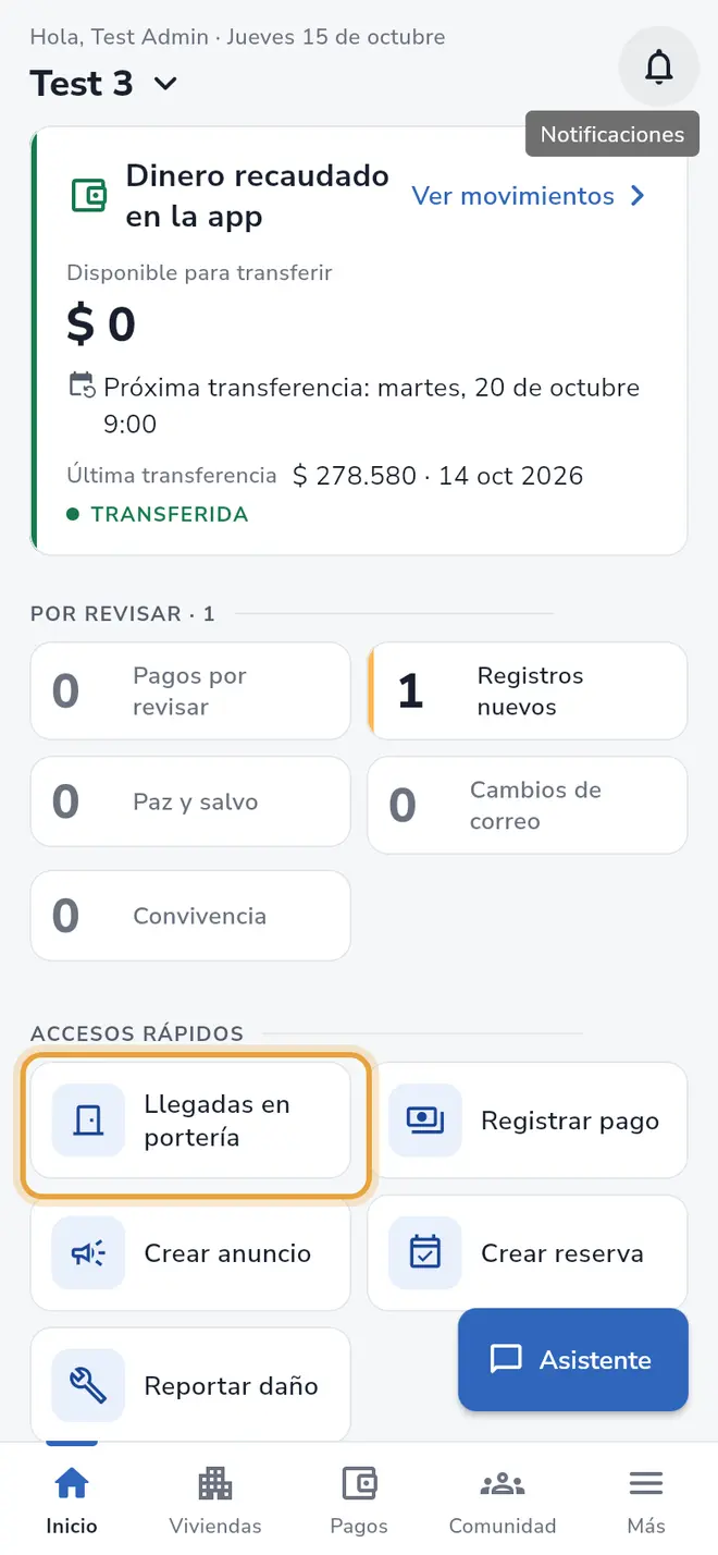 Pantalla Inicio de administración: el acceso rápido Llegadas en portería está señalado