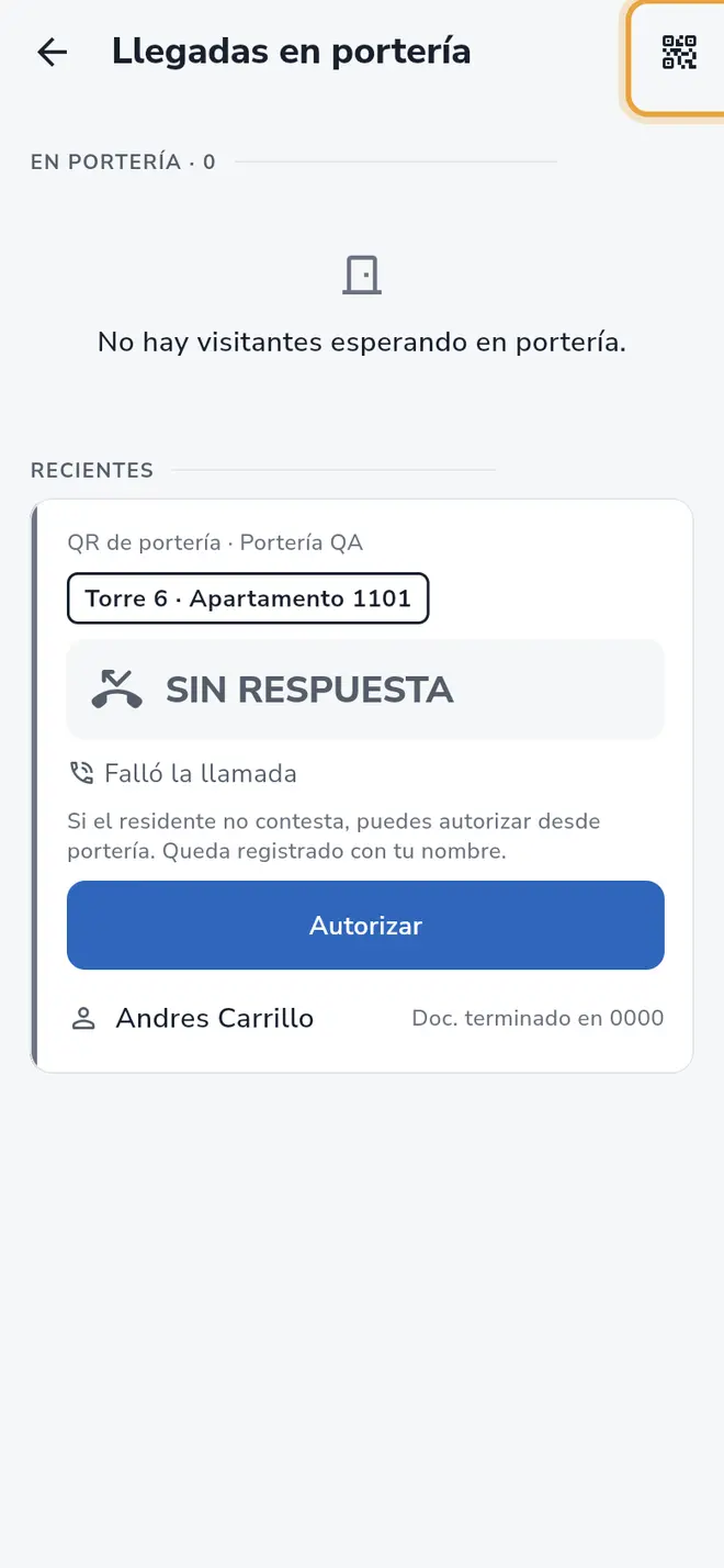 Pantalla Llegadas en portería: el ícono de QR de la barra superior está señalado