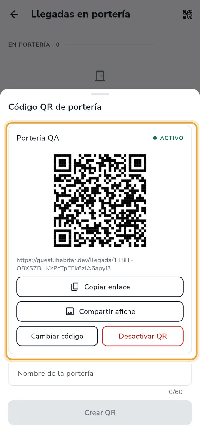 Hoja Código QR de portería: un QR con el estado Activo, su enlace y sus botones señalados