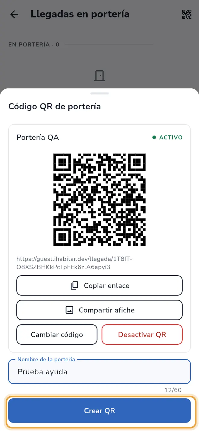 Hoja Código QR de portería: el nombre escrito y el botón Crear QR señalado