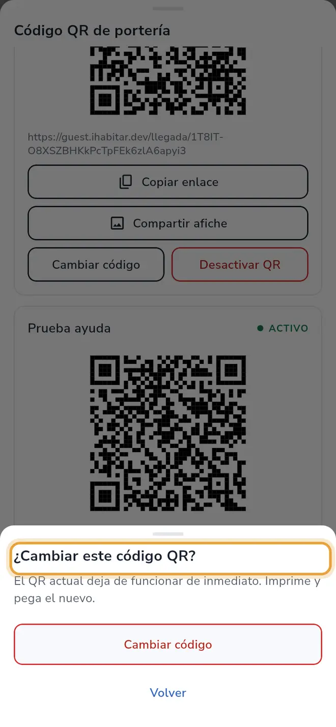 Ventana ¿Cambiar este código QR? con los botones Cambiar código y Volver