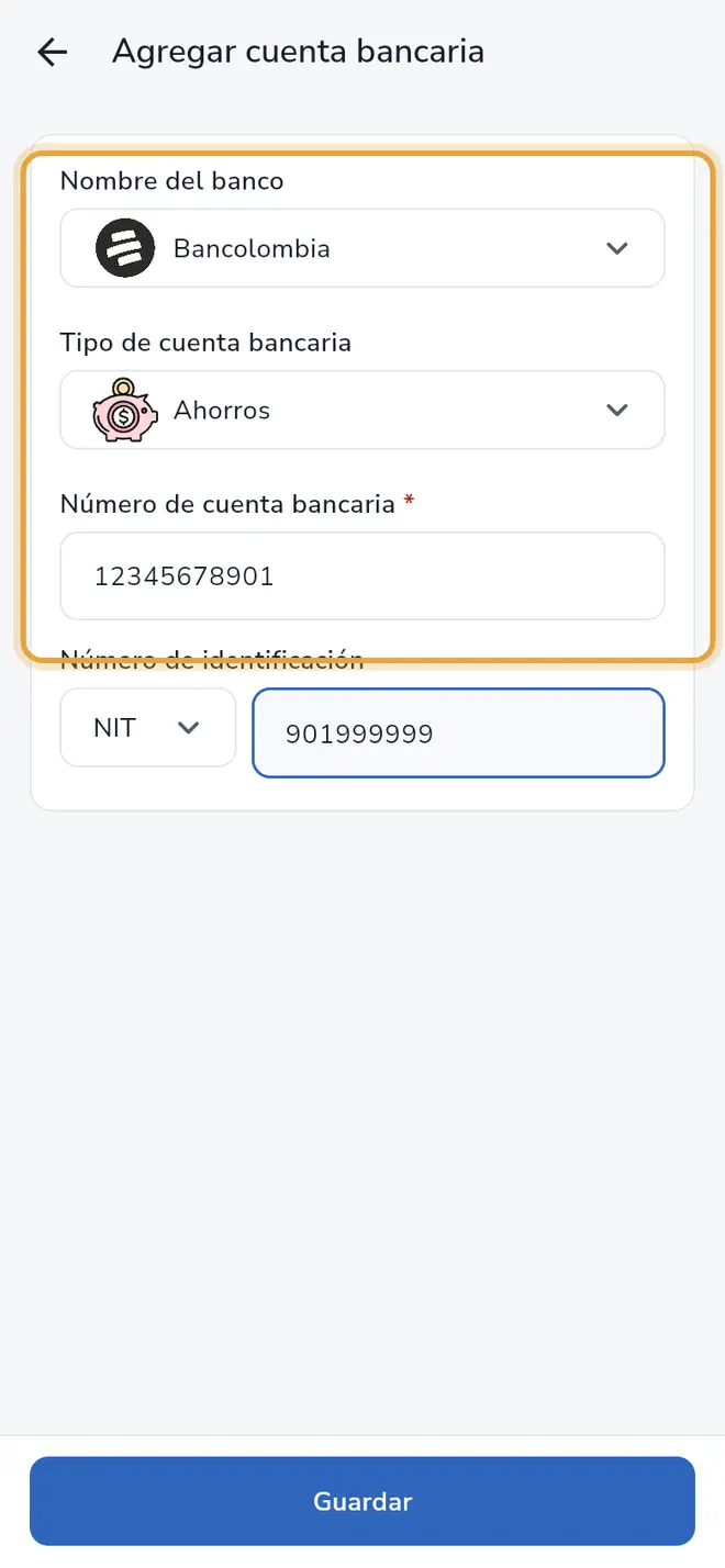 Formulario Agregar cuenta bancaria: se señalan el banco, el tipo y el número de cuenta ya escritos
