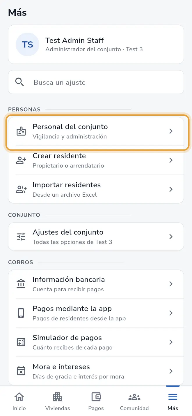 Pantalla Más: la fila Personal del conjunto está señalada