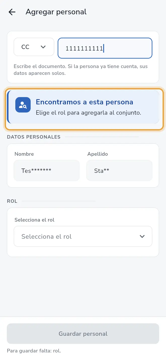 Pantalla Agregar personal: el aviso Encontramos a esta persona está señalado