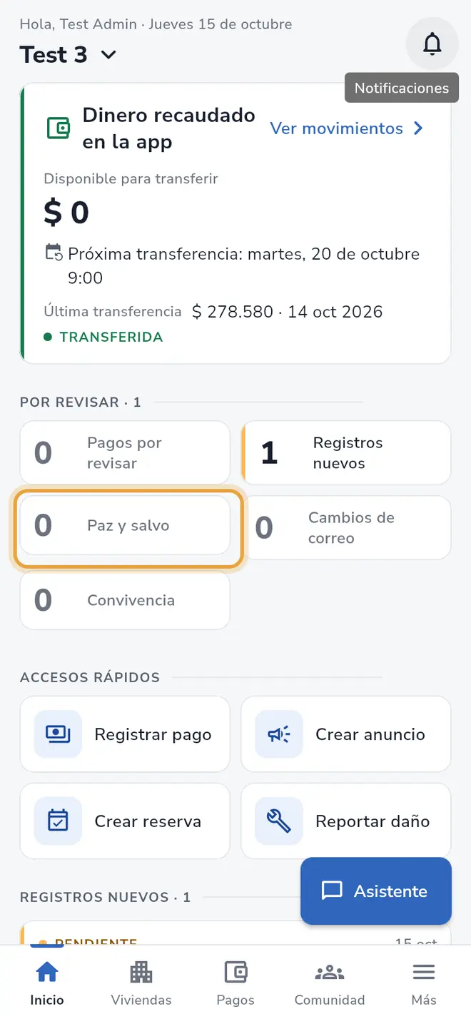 Pantalla Inicio: el recuadro Paz y salvo, dentro de Por revisar, está señalado