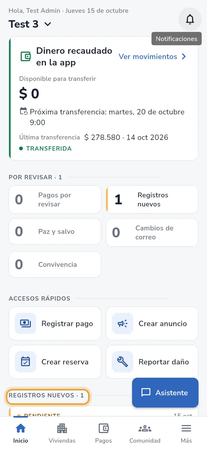 Pantalla Inicio: el recuadro Registros nuevos está señalado