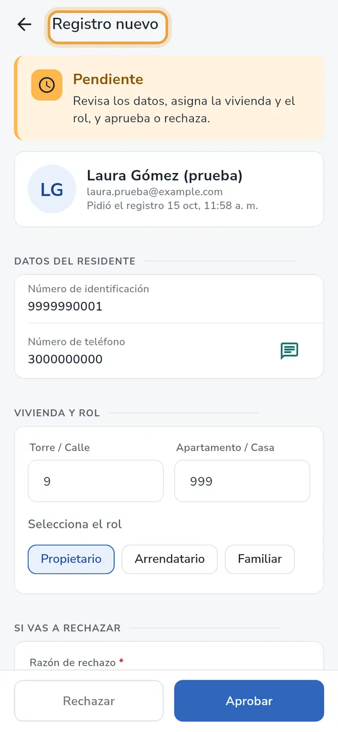 Pantalla Registro nuevo: el título de la solicitud pendiente está señalado