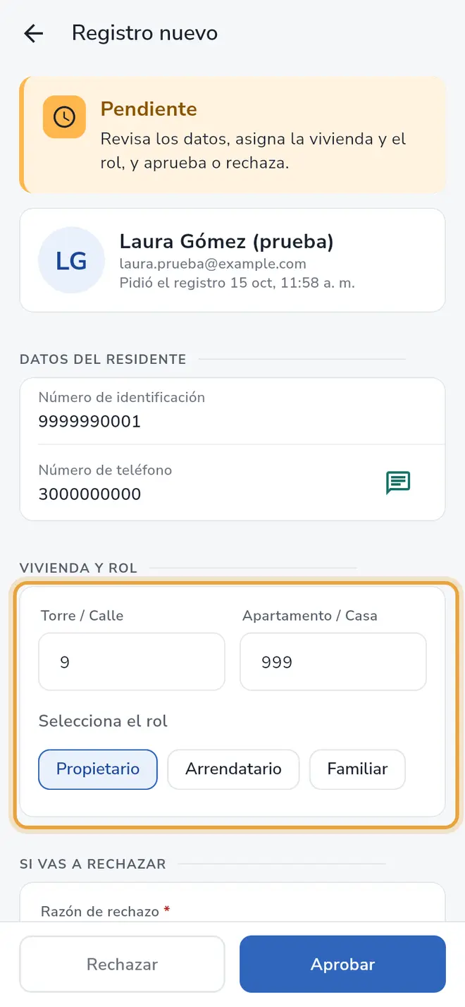 Pantalla Registro nuevo: la sección Vivienda y rol está señalada