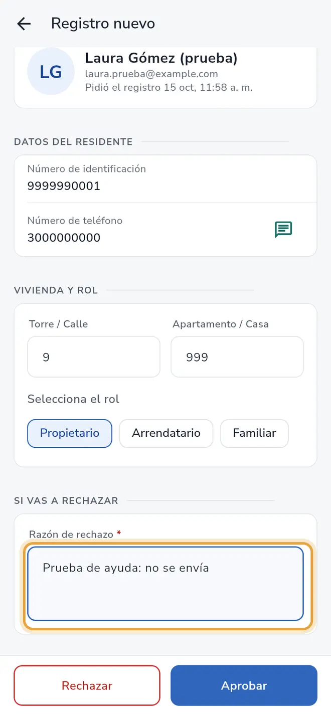 Pantalla Registro nuevo: el campo Razón de rechazo está señalado