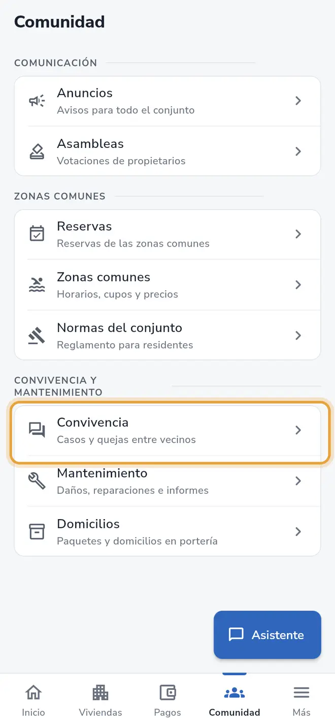 Pestaña Comunidad: la fila Convivencia está señalada