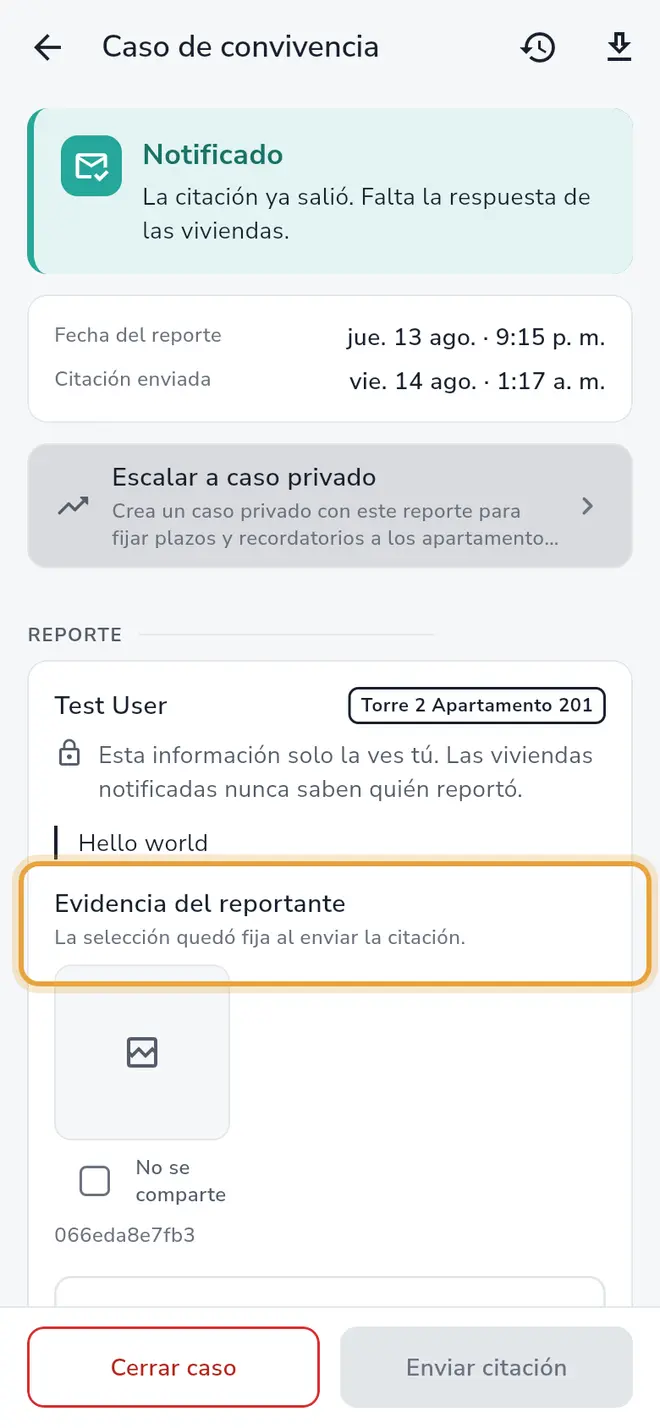 Caso de convivencia: la sección Evidencia del reportante está señalada