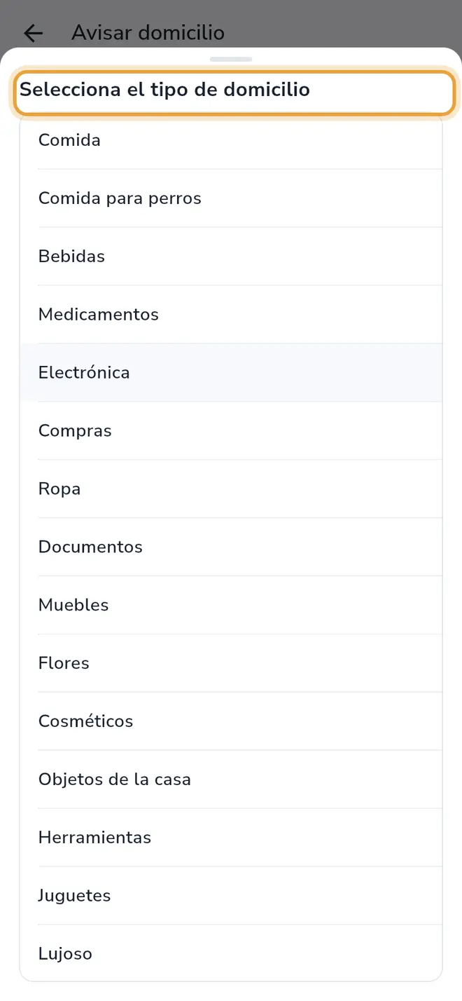 Hoja Selecciona el tipo de domicilio con la lista de tipos