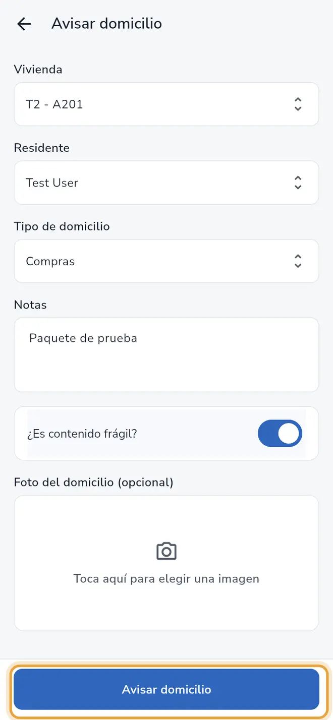 Formulario Avisar domicilio completo: el botón Avisar domicilio está señalado