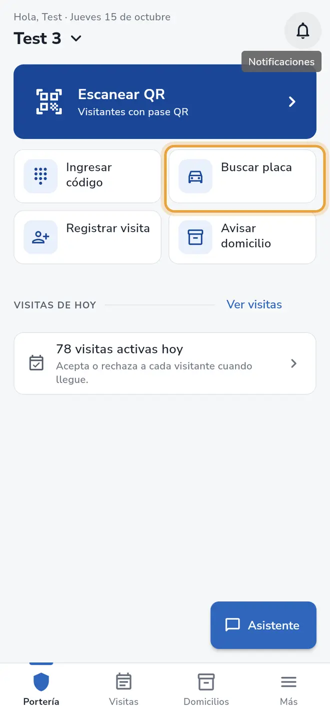 Pantalla Portería: el botón Buscar placa está señalado