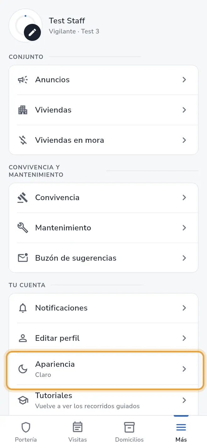 Pestaña Más: la fila Apariencia está señalada