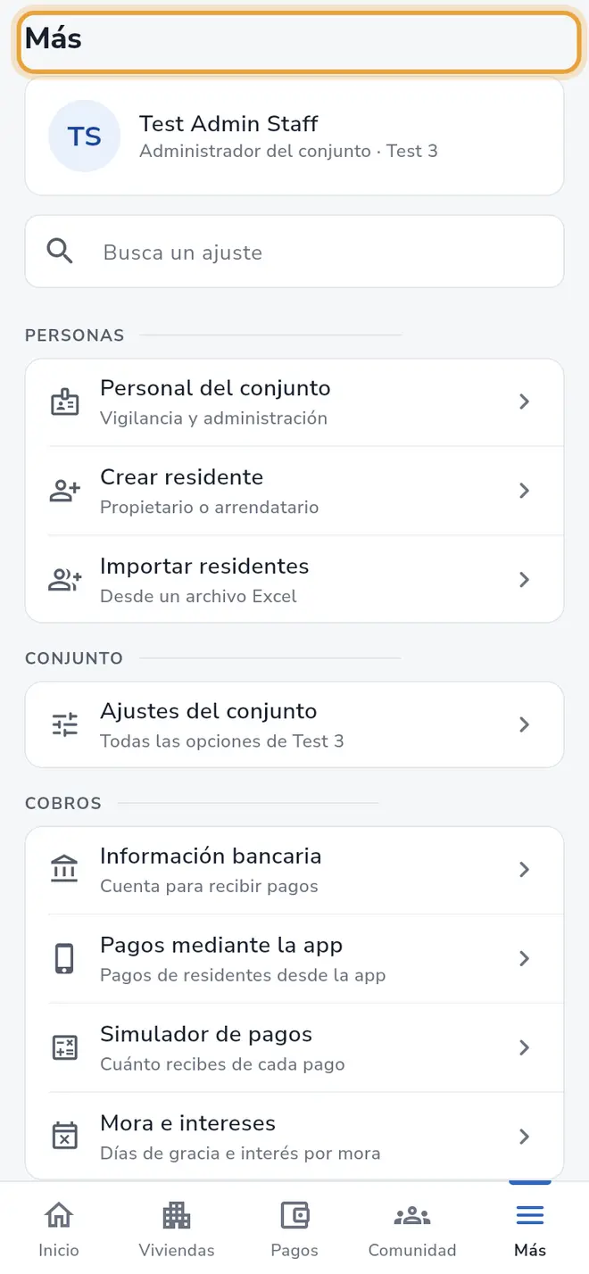 Barra inferior de la app: la pestaña Más está señalada