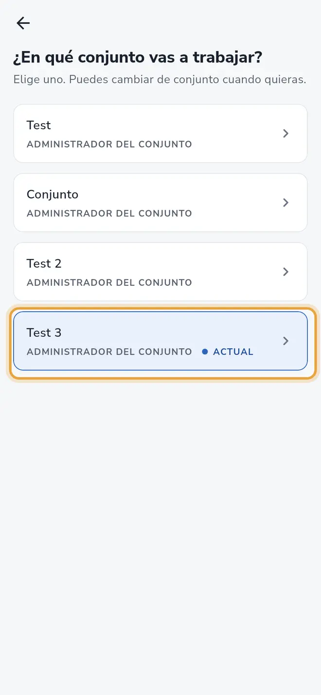 Pantalla ¿En qué conjunto vas a trabajar?: el conjunto con la etiqueta Actual está señalado
