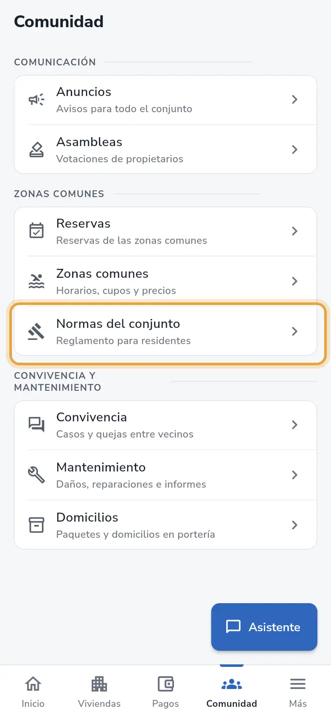 Pestaña Comunidad: la fila Normas del conjunto está señalada