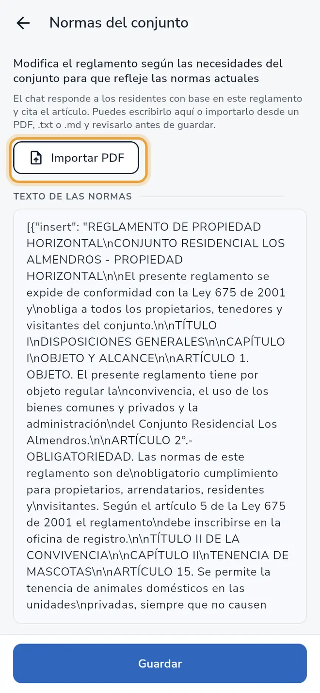 Pantalla Normas del conjunto: el botón Importar PDF está señalado