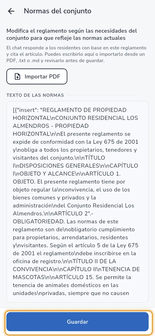 Pantalla Normas del conjunto: el botón Guardar está señalado