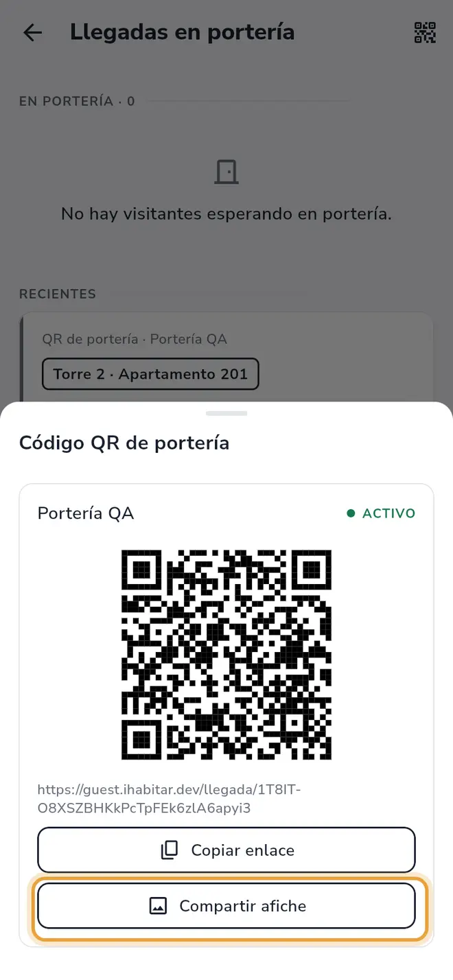 Hoja Código QR de portería: el botón Compartir afiche está señalado
