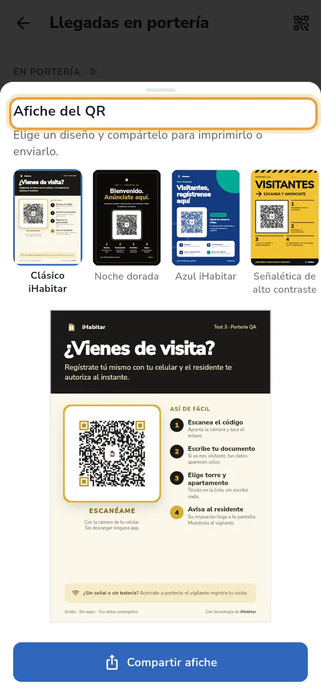 Hoja Afiche del QR con la lista de diseños y la vista previa